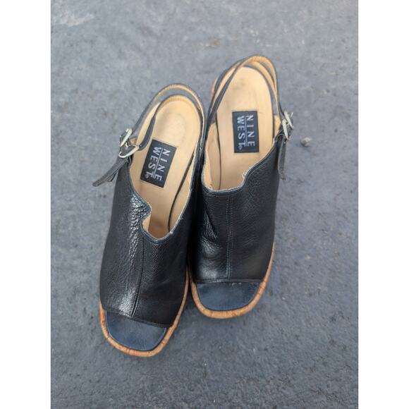 Nine West Womens Black Leather Slingback Platform Wedge Sandals Sz 7.5 B Cork - Picture 5 of 9